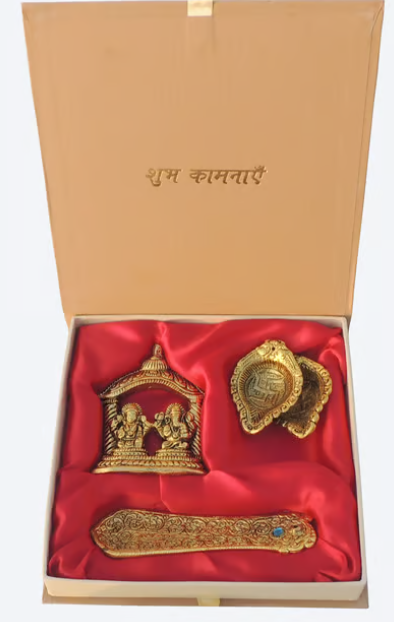 Aluminium Diwali Pooja Set With Agarbatti Stand, Deepak & Laxmi Ganesh Pair Statue (AC428)
