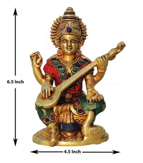 Brass Showpiece Saraswati ji idol statue with Stone finish - 4.5*2.6*6.5 Inch (AC1006)